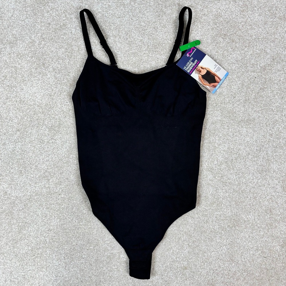 Maidenform Womens Seamless Thong Bodysuit Black Firm Control DMS830 Large NWT‎
